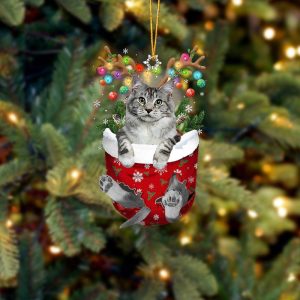 Grey Cat In Snow Pocket Christmas Ornament - Christmas Gift For Friends - Flat Acrylic Cat Ornament