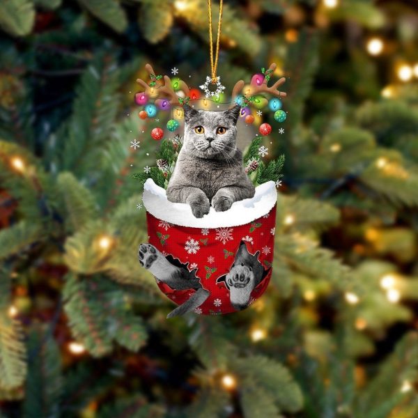 Grey Cat In Snow Pocket Christmas Ornament – Christmas Gift For Friends – Flat Acrylic Cat Ornament