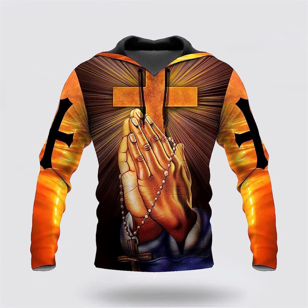 Hand Pray Cross I Can Do All Things Through Christ All Over Print 3D Hoodie – Gifts For Christians