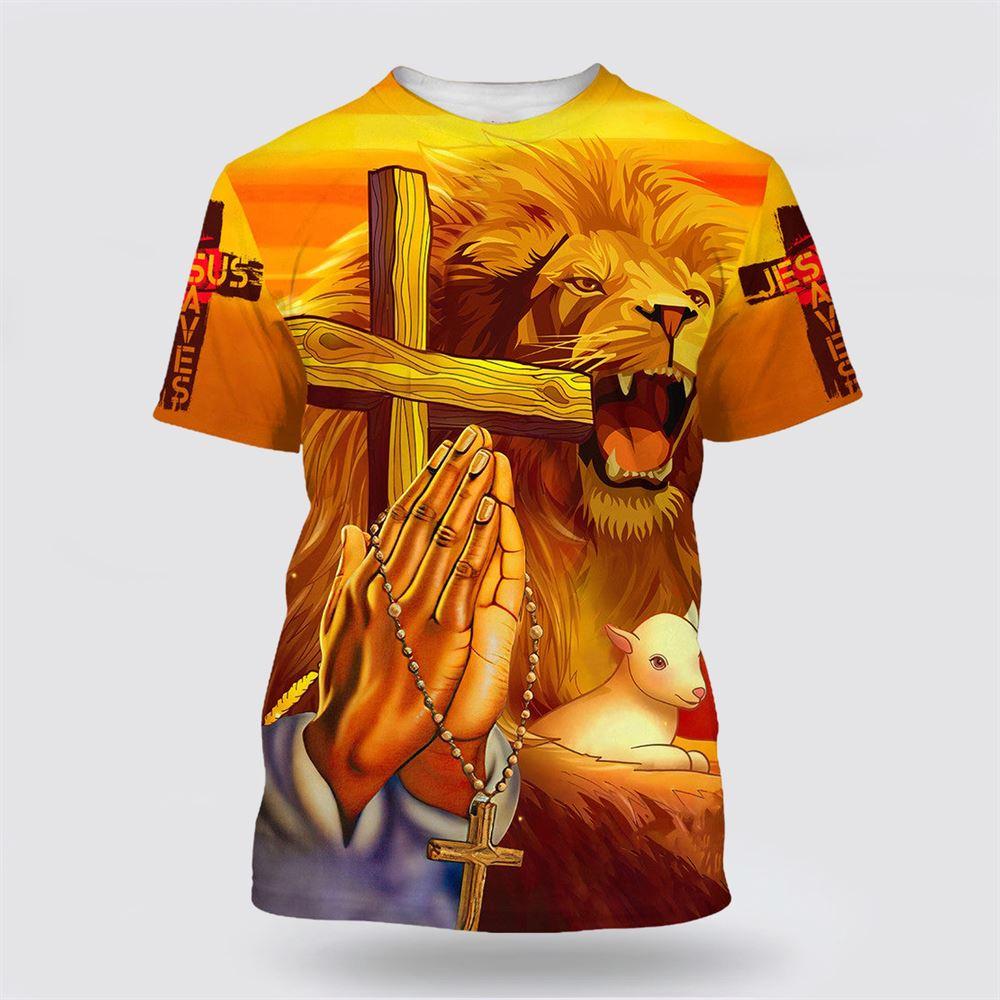 Hand Prayer Jesus Lion And The Lamb All Over Print 3D T Shirt – Gifts For Jesus Lovers