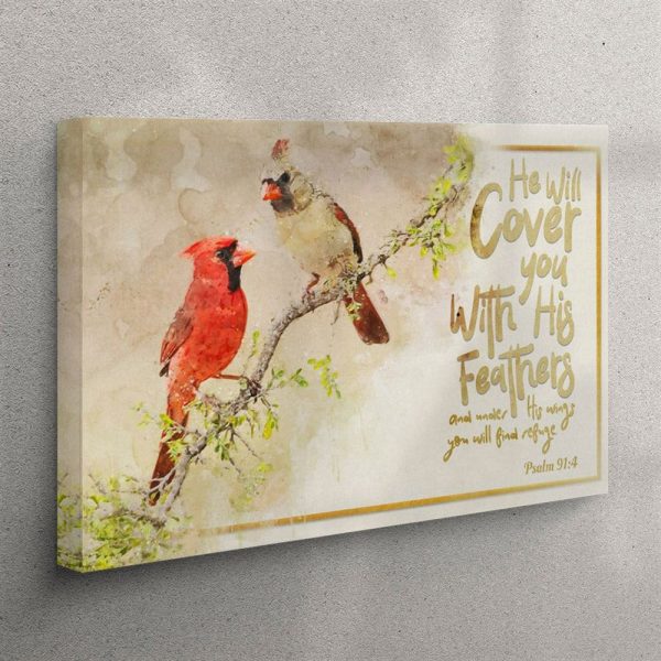 He Will Cover You With His Feathers Canvas Wall Art – Couple Cardinal – Christian Wall Art Canvas