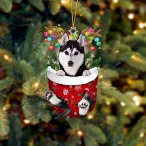 Husky In Snow Pocket Christmas Ornament –…