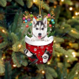 Husky In Snow Pocket Christmas Ornament –…