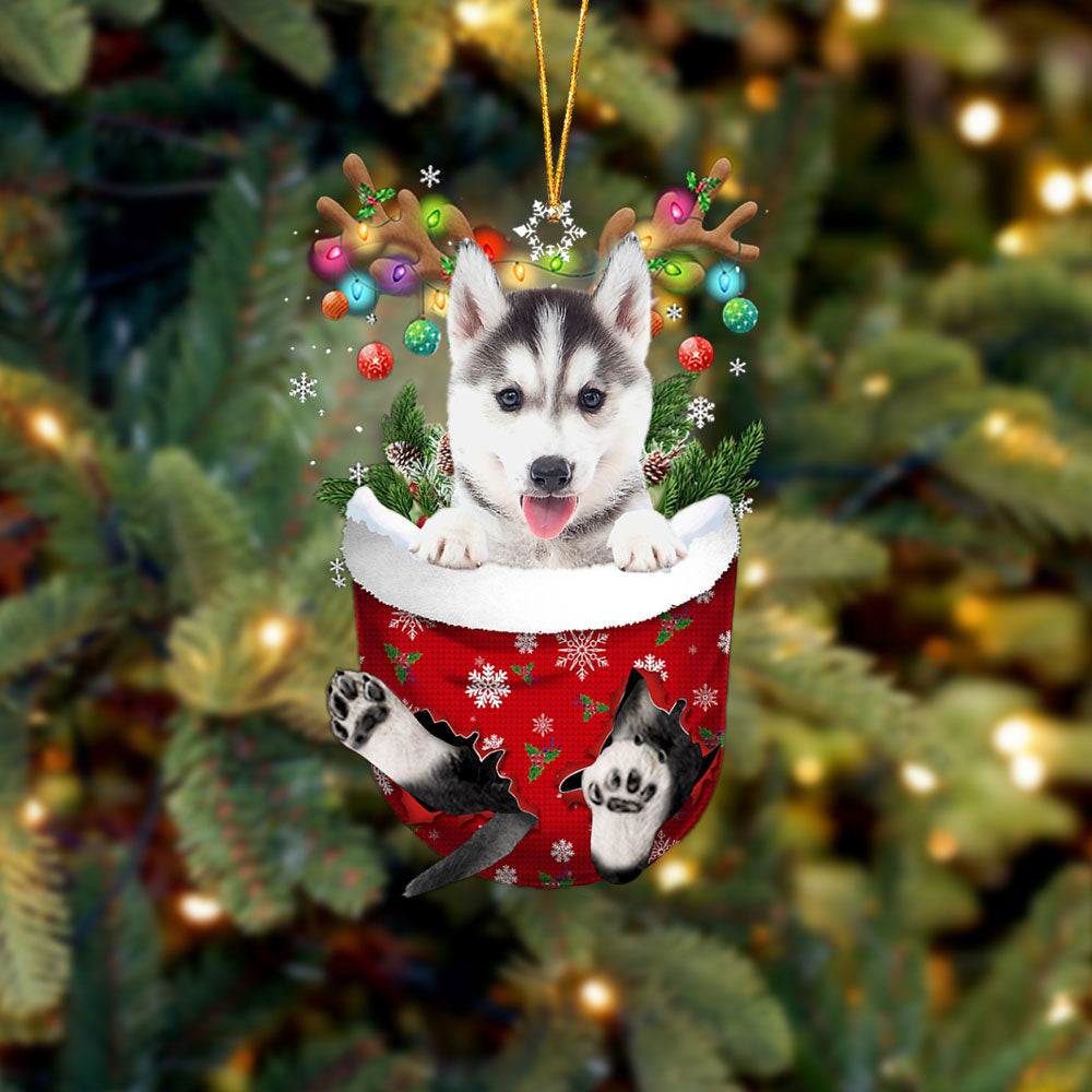 Husky In Snow Pocket Christmas Ornament – Ornaments Hanging Gift – Flat Acrylic Dog Ornament