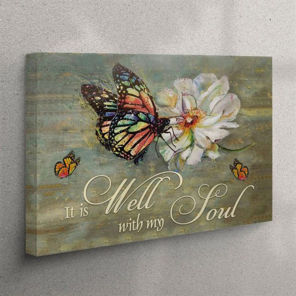 It Is Well With My Soul Canvas Wall Art – Butterfly Flowers Christian Canvas Wall Art – Christian Wall Art Canvas
