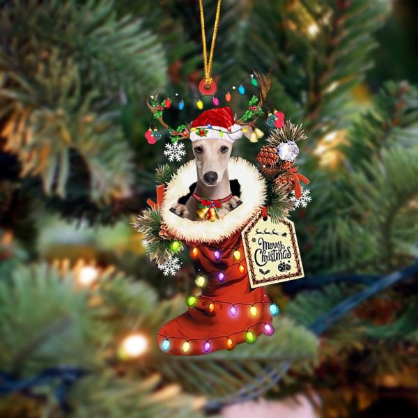 Italian Greyhound-Xmas Boot-Two Sided Christmas Plastic Hanging Ornament – Dog Memorial Gift