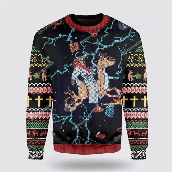 Jesus Riding Reindeer Black Christmas Ugly Christmas Sweater For Men & Women – Gifts For Christians