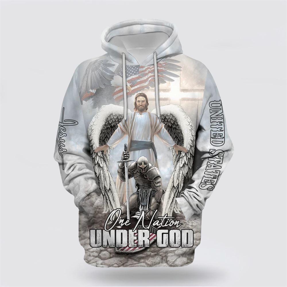 Jesus And Angel Warrior One Nation Under God All Over Print 3D Hoodie – Gifts For Christians