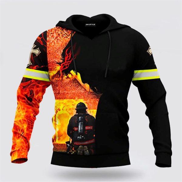 Jesus Firefighter God Will Bring You Through The Fire All Over Print 3D Hoodie – Gifts For Christian Families