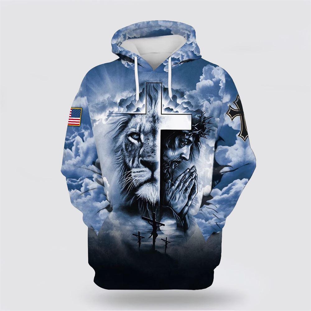 Jesus, Lion And Cross All Over Print 3D Hoodie – Gifts For Christians