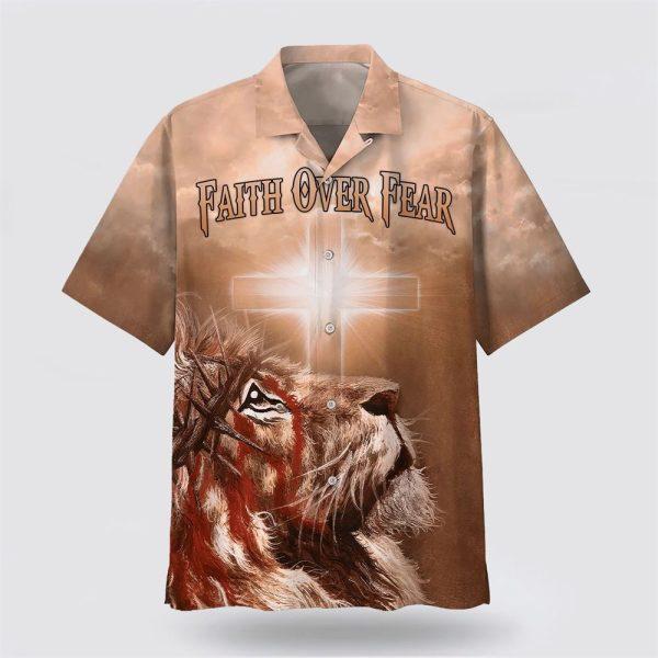 Jesus Lion Cross Flag Faith Over Fear Hawaiian Shirt – Gifts For People Who Love Jesus
