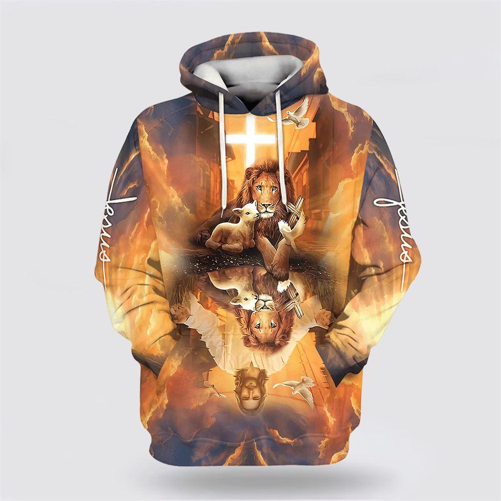 Jesus Lion King And Lamb Cross All Over Print 3D Hoodie – Gifts For Christian Families