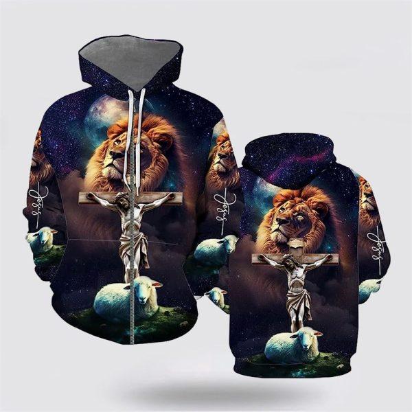 Jesus Lion Sheep Galaxy All Over Print 3D Hoodie – Gifts For Christian Families