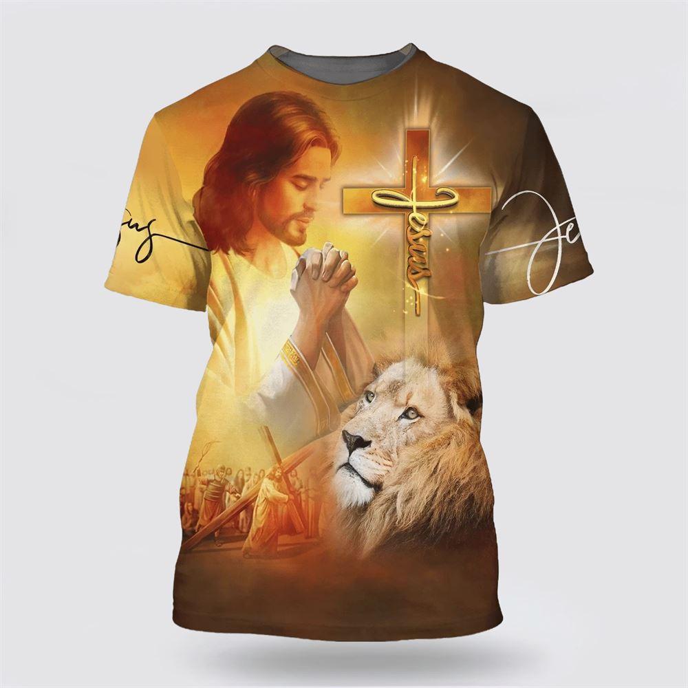 Jesus Pray And The Lion All Over Print 3D T Shirt – Gifts For Christian Friends