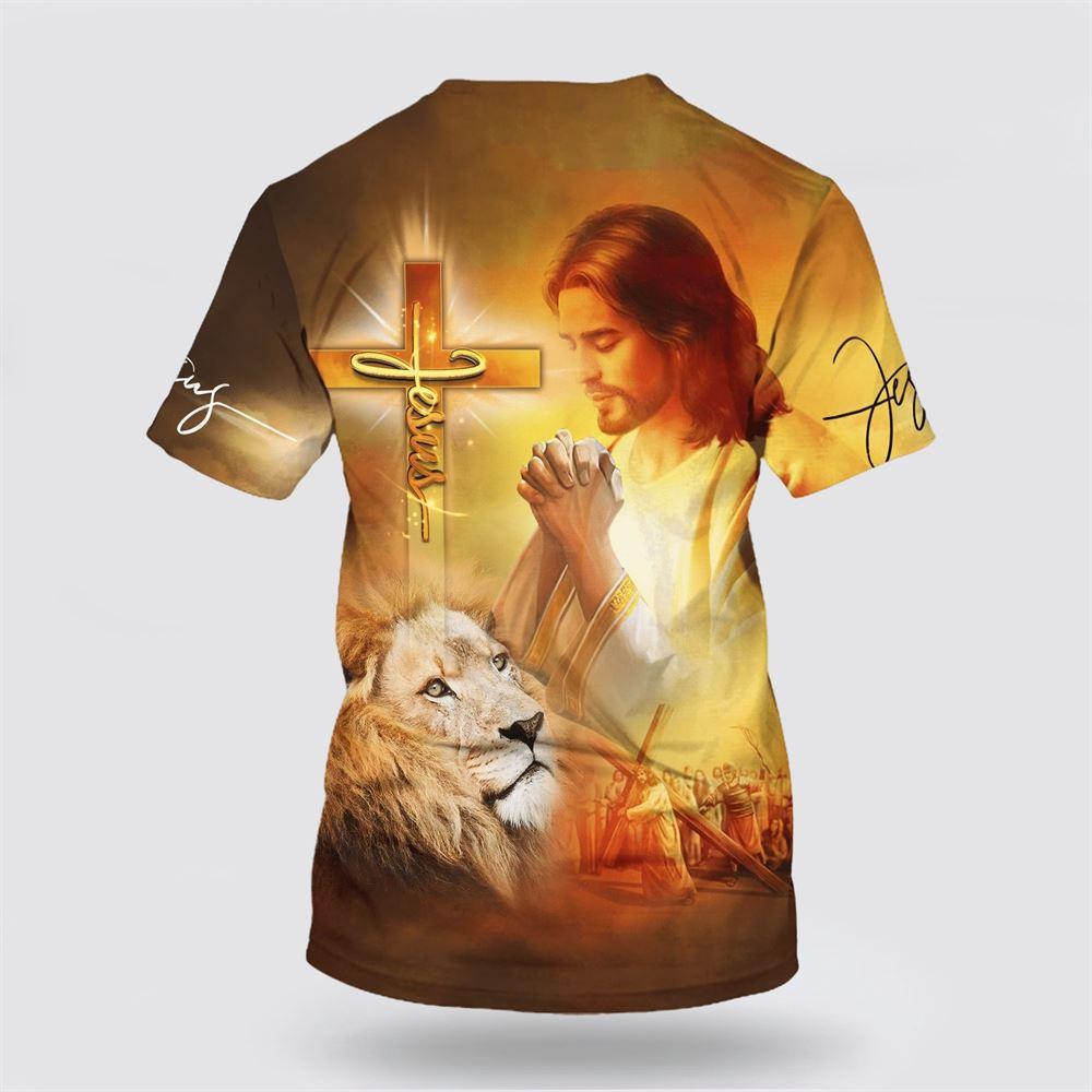 Jesus Pray And The Lion All Over Print 3D T Shirt – Gifts For Christian Friends