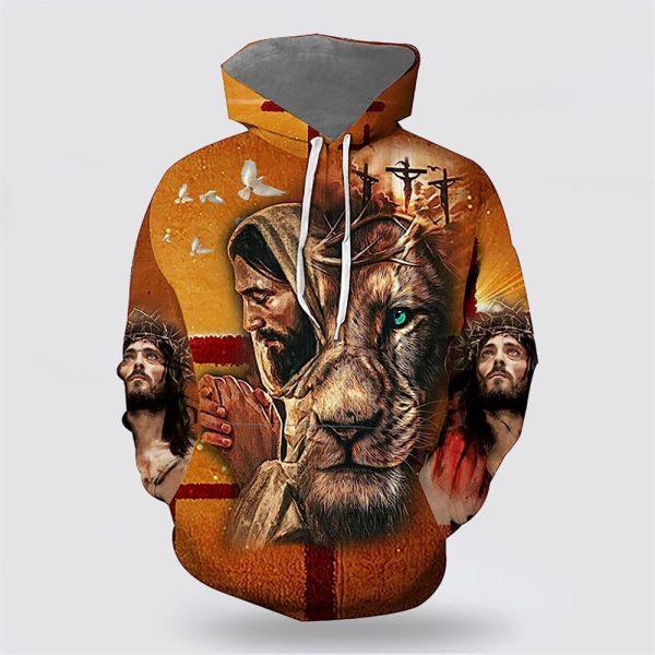 Jesus Pray Lion Crucifixion Of Jesus All Over Print 3D Hoodie – Gifts For Christian Families
