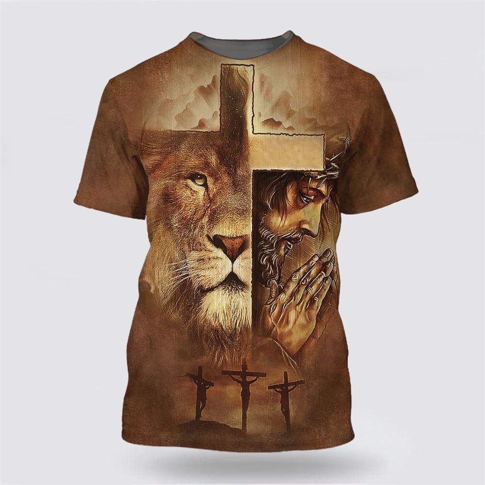 Jesus Prayer Lion Of Judah Cross All Over Print 3D T Shirt – Gifts For Christian Friends