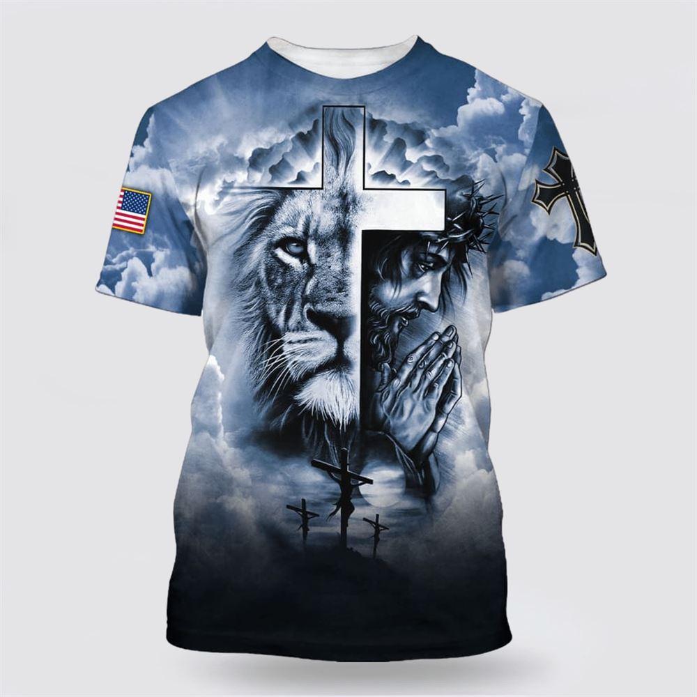 Jesus Prayer The Lion Of Judah Cross All Over Print 3D T Shirt – Gifts For Christian Friends