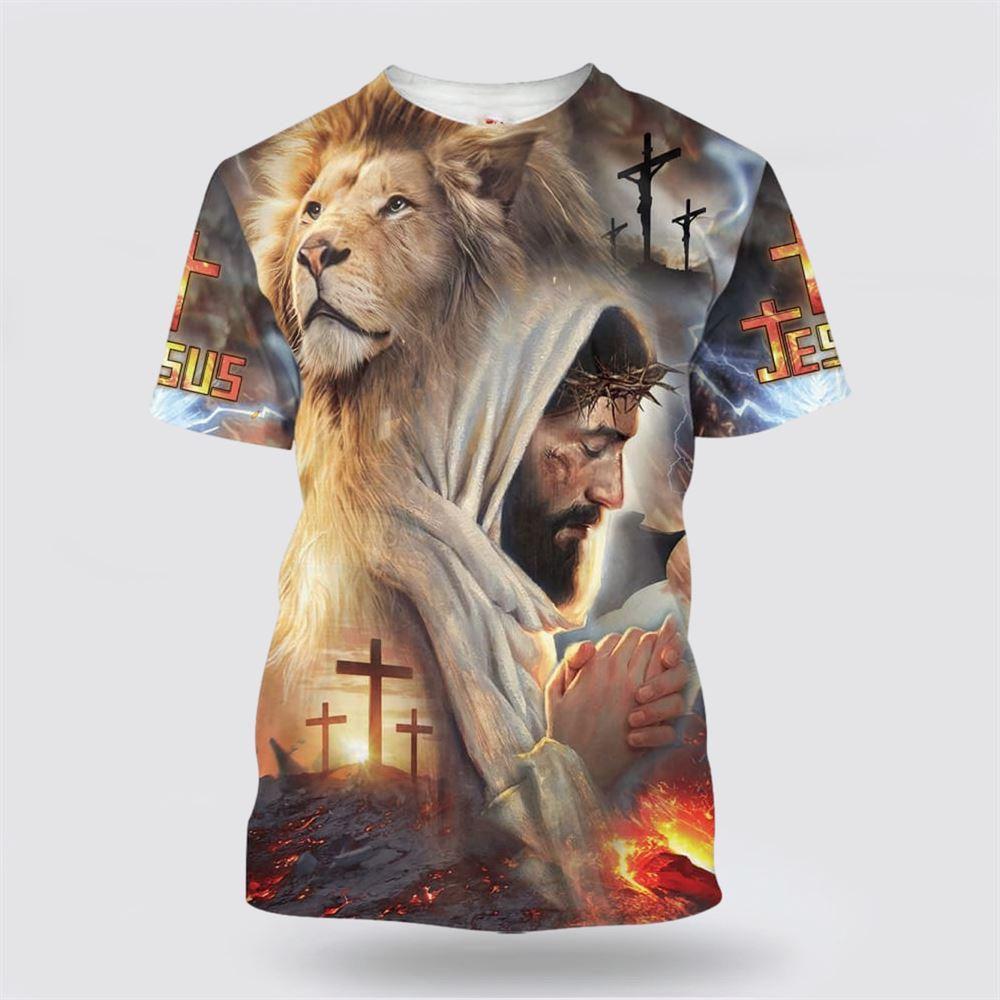 Jesus Prayer With Lion All Over Print 3D T Shirt – Gifts For Christian Friends