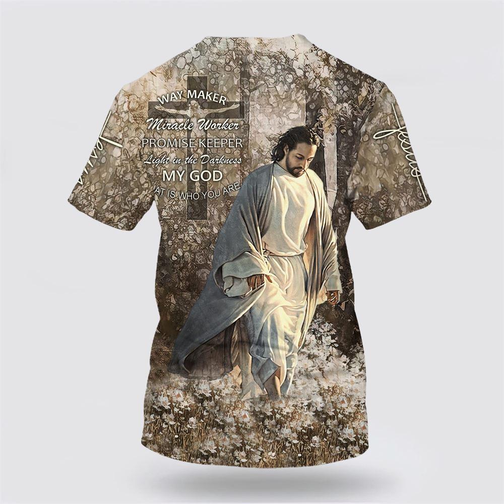 Jesus Walking In The Flower Field Shirts Way Maker Miracle Worker All Over Print 3D T Shirt – Gifts For Christian Friends