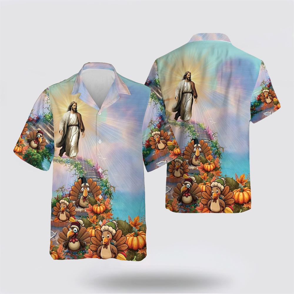Jesus Walking Turkey And Pumpkin Pattern Hawaiian Shirt – Gifts For Christians Jesus Walking Turkey And Pumpkin Pattern Hawaiian Shirt – Gifts For Christians