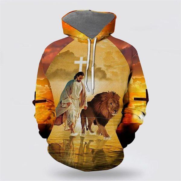 Jesus Walks With Lion Fall For Jesus He Never Leaves All Over Print 3D Hoodie – Gifts For Christians