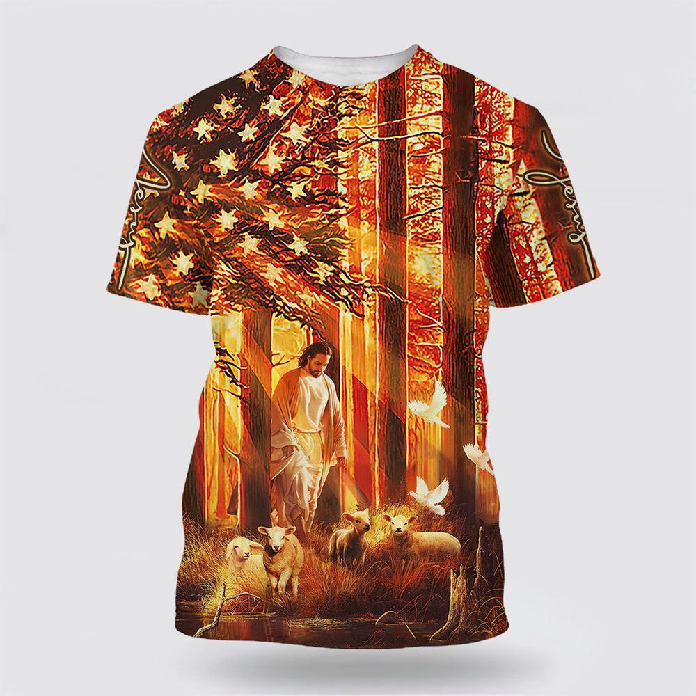 Jesus With Baby Lambs In The Forest All Over Print 3D T Shirt – Gifts For Christian Friends Jesus With Baby Lambs In The Forest All Over Print 3D T Shirt – Gifts For Christian Friends