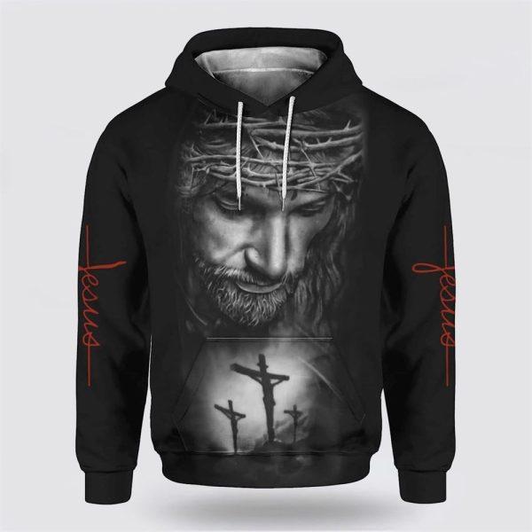 Jesus With Crown Of Thorns Cross All Over Print 3D Hoodie – Gifts For Christians