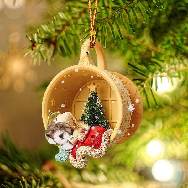 Lhasa Apso Sleeping In A Tiny Cup Christmas Holiday-Two Sided Christmas Plastic Hanging Ornament