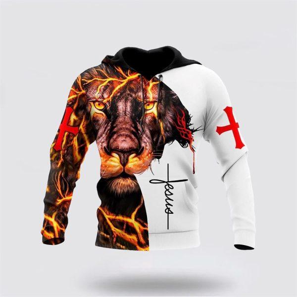 Lightning Lion And Jesus Cross All Over Print 3D Hoodie – Gifts For Christians