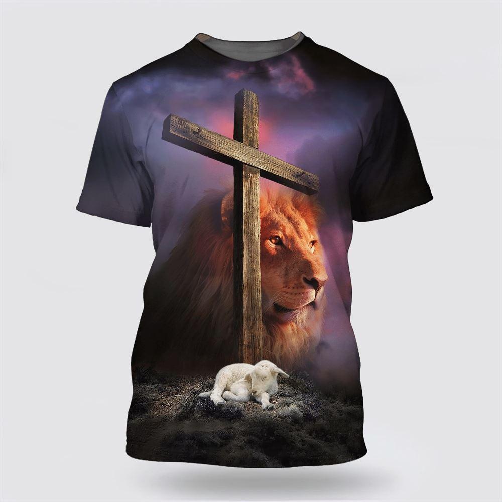 Lion And Lamb Cross Of Christ All Over Print 3D T Shirt – Gifts For Christian Friends