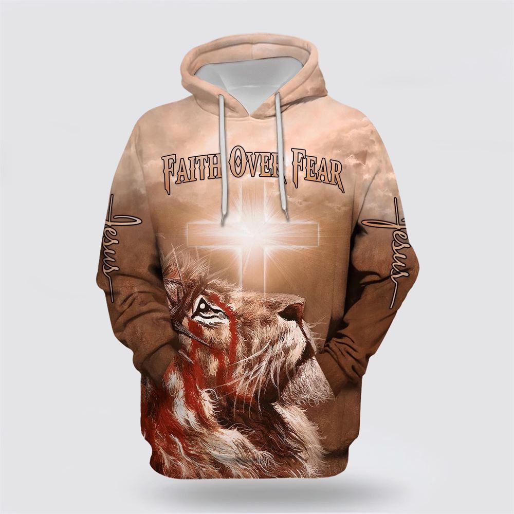 Lion Cross Faith Over Fear All Over Print 3D Hoodie – Gifts For Christians Lion Cross Faith Over Fear All Over Print 3D Hoodie – Gifts For Christians