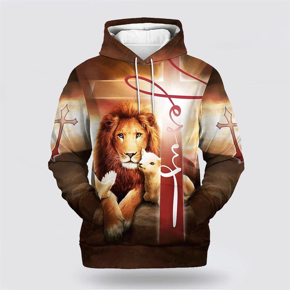 Lion Lamb And Dove All Over Print 3D Hoodie – Gifts For Christians Lion Lamb And Dove All Over Print 3D Hoodie – Gifts For Christians