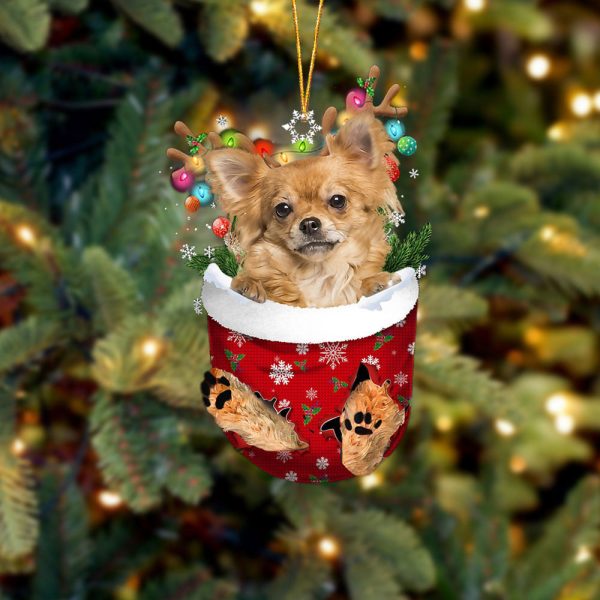 Long Haired Tan Chihuahua In Snow Pocket Christmas Ornament – Flat Acrylic Dog Ornament