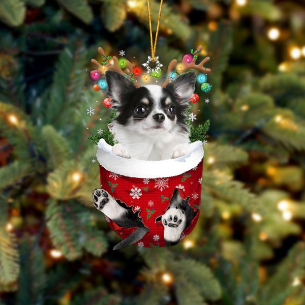 Long Haired White Chihuahua In Snow Pocket Christmas Ornament – Flat Acrylic Dog Ornament