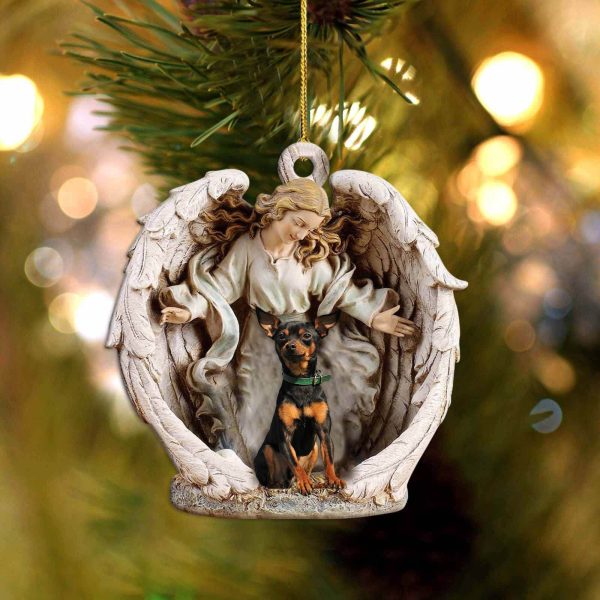 Miniature Pinscher-Angel Hug Winter Love Two Sided Christmas Plastic Hanging Ornament