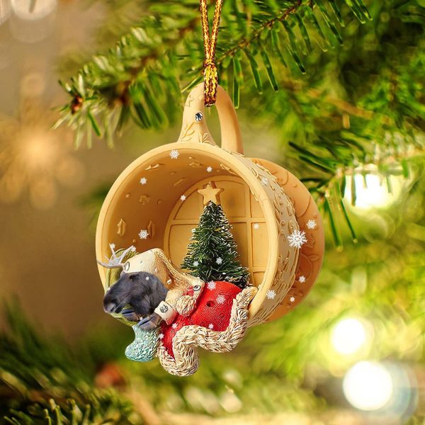 Moose Sleeping In A Tiny Cup Christmas Holiday-Two Sided Christmas Plastic Hanging Ornament