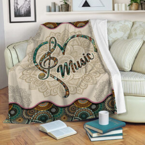 Music Heart Vintage Mandala Fleece Throw Blanket - Sherpa Fleece Blanket - Soft Lightweight Blanket