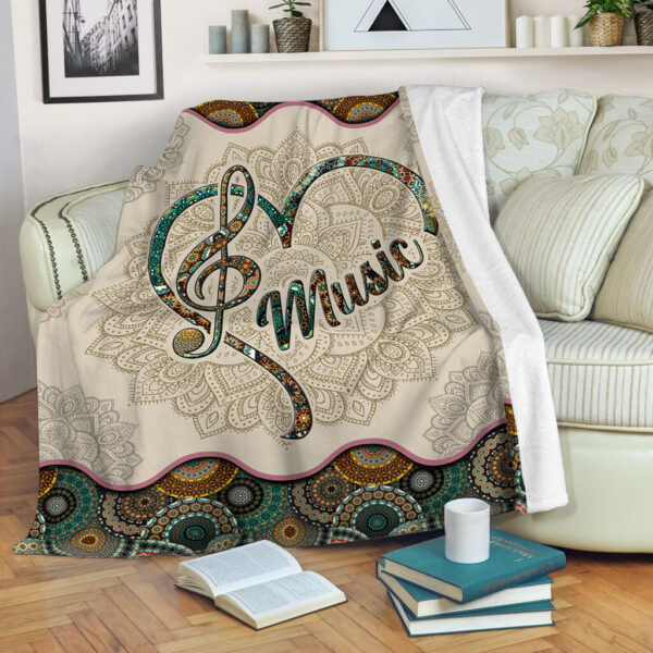 Music Heart Vintage Mandala Fleece Throw Blanket – Sherpa Fleece Blanket – Soft Lightweight Blanket