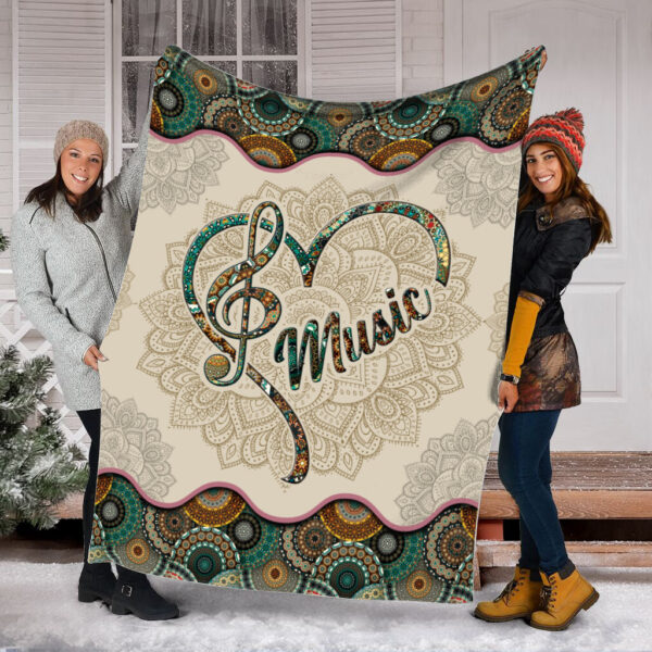 Music Heart Vintage Mandala Fleece Throw Blanket – Sherpa Fleece Blanket – Soft Lightweight Blanket