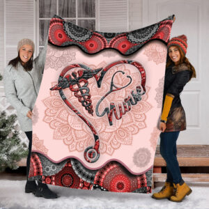Nurse Heart Vintage Mandala Red And Black Fleece Throw Blanket - Sherpa Throw Blanket - Soft And Cozy Blanket