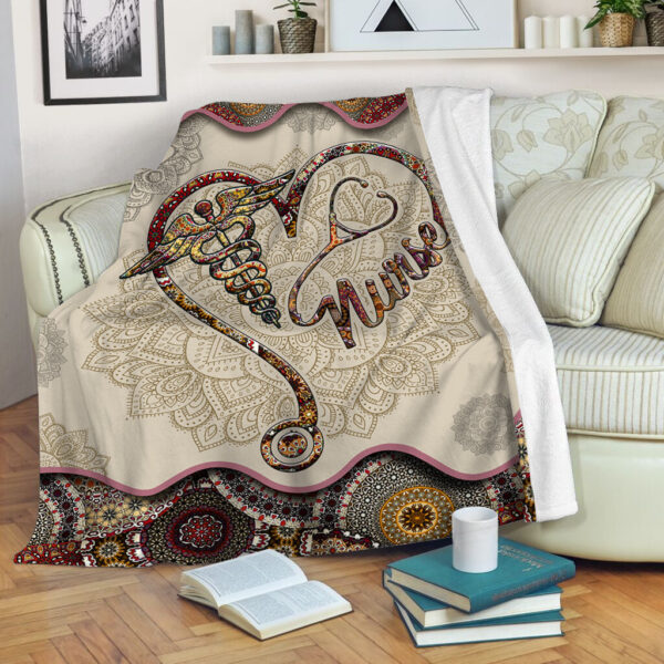 Nurse Heart Vintage Mandala Red Fleece Throw Blanket – Sherpa Throw Blanket – Soft And Cozy Blanket