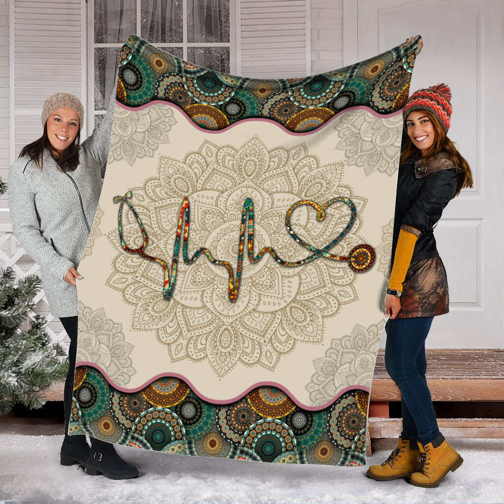 Nurse Heartbeat Vintage Mandala Fleece Throw Blanket – Sherpa Throw Blanket – Soft And Cozy Blanket