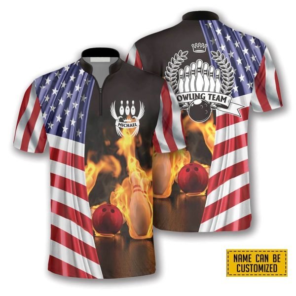 On Fire Us Flag Bowling Personalized Names And Team Jersey Shirt – Gift For Bowling Enthusiasts