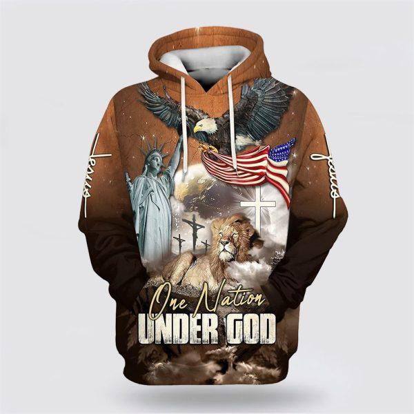 One Nation Under God Bald Eagle American Flag And Lion All Over Print 3D Hoodie – Gifts For Christians