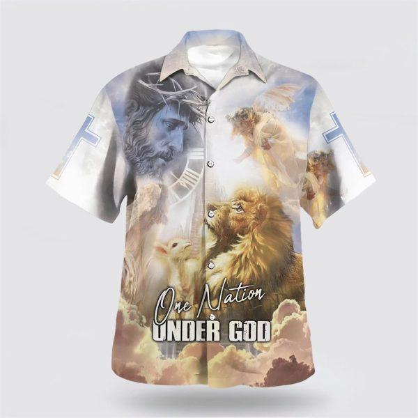 One Nation Under God Jesus Christ Lion And Lamb Hawaiian Shirts For Men – Gifts For Christian Families