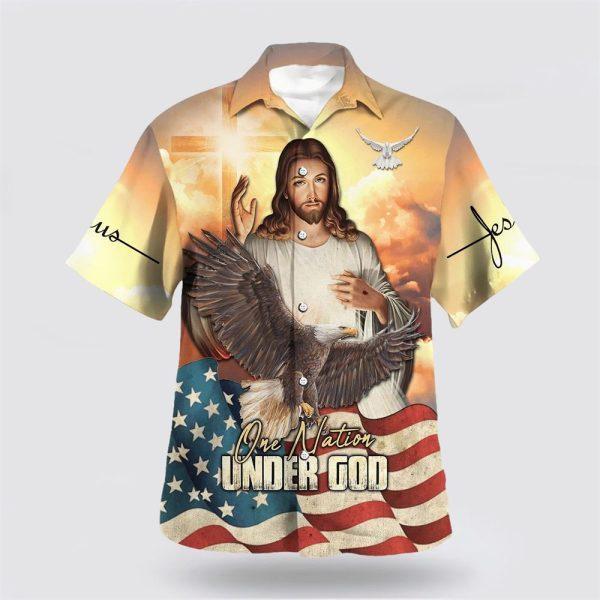 One Nation Under God Jesus Eagle American Flag Hawaiian Shirts – Gifts For Christian Families