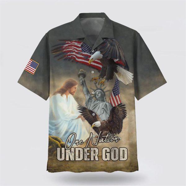 One Nation Under God Jesus Eagle Flag Statue Of Liberty Hawaiian Shirts – Gifts For Christian Families