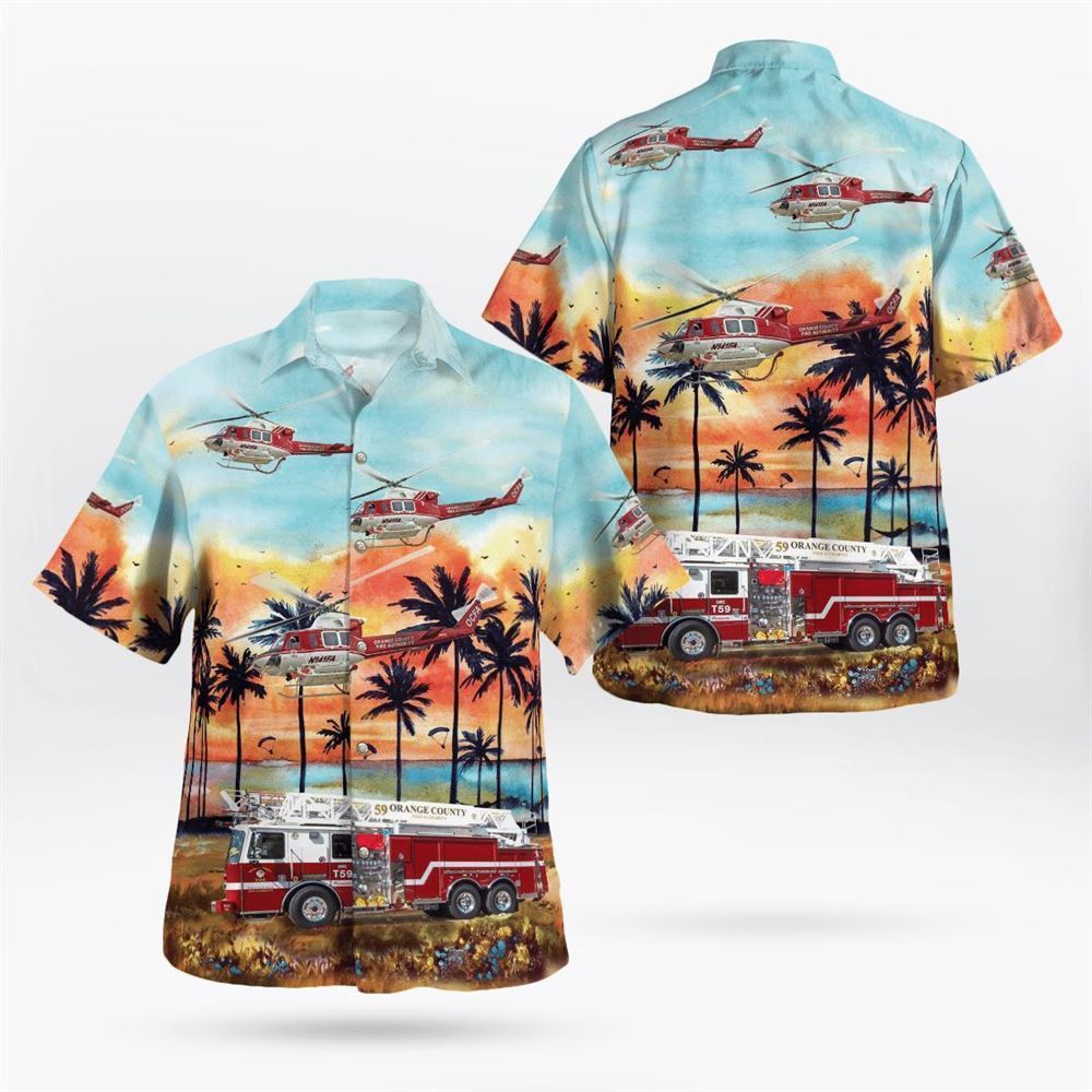 Orange County Fire Authority Brand New Truck 59 & Bell 412EP Hawaiian Shirt – Gifts For Firefighters In Orange County, NY
