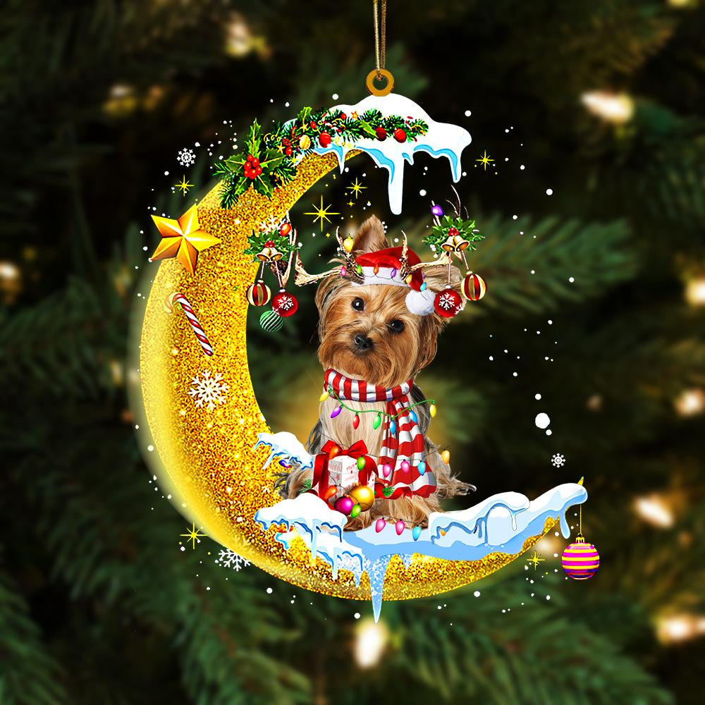 Pamaheart- Golden Yorkshire Terrier On The Moon Merry Christmas Hanging Ornament, Car Ornament, Christmas Ornament